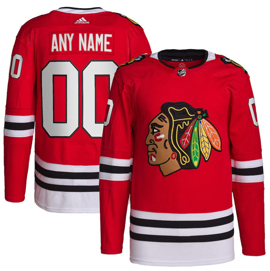 ANY NAME AND NUMBER CHICAGO BLACKHAWKS HOME OR AWAY ADIDAS PRIMEGREEN NHL JERSEY (HAND STITCHED ON-ICE NAME/NUMBER/CUSTOMIZATION)