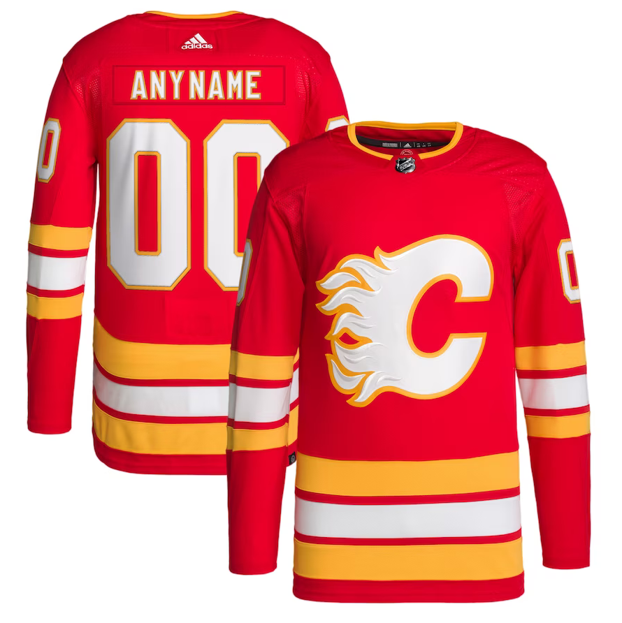 ANY NAME AND NUMBER CALGARY FLAMES HOME OR AWAY ADIDAS PRIMEGREEN NHL