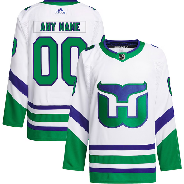 ANY NAME AND NUMBER CAROLINA HURRICANES RETRO WHALERS WHITE AUTHENTIC ADIDAS NHL JERSEY (CUSTOMIZED PRIMEGREEN MODEL)
