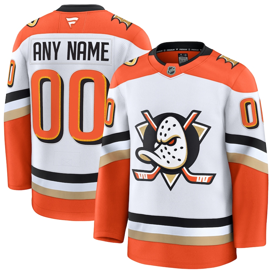 ANY NAME AND NUMBER ANAHEIM DUCKS HOME OR AWAY FANATICS NHL JERSEY (WITH PROPER HAND STITCHED ON ICE NAME/NUMBER PREMIUM MODEL)